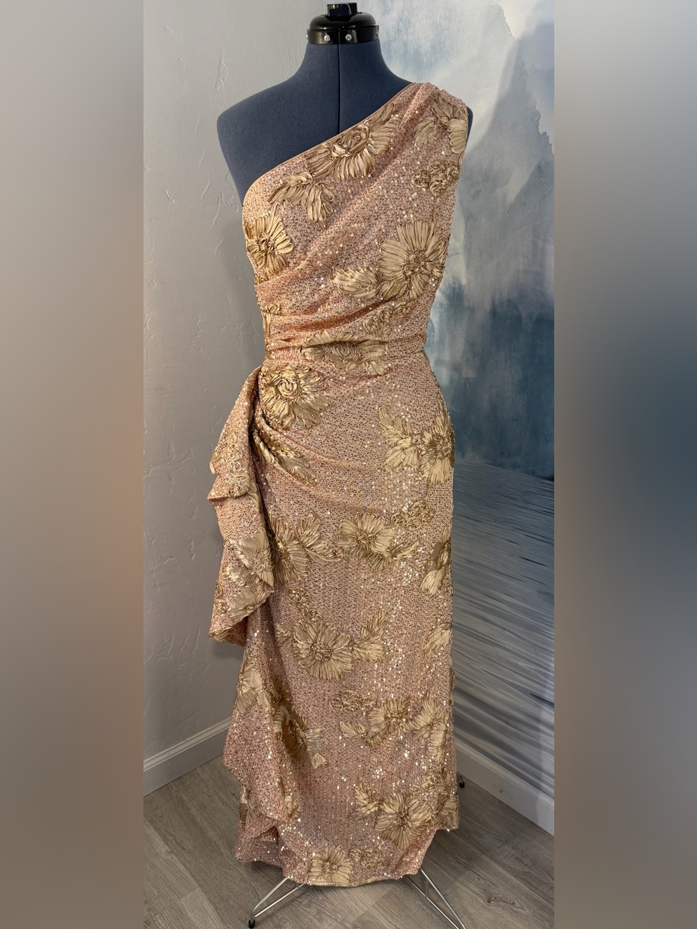One-Shoulder Rose Gold Sequin Floral Evening Gown #375